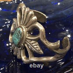 Vintage Navajo Southwest Solid Silver Sand Cast Turquoise Cuff Bracelet