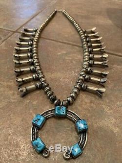 Vintage Navajo Squash Blossom Necklace Sterling Silver Signed SPENCER Turquoise