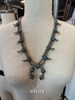 Vintage Navajo Stamped Sterling Silver and Turquoise Squash Blossom Necklace