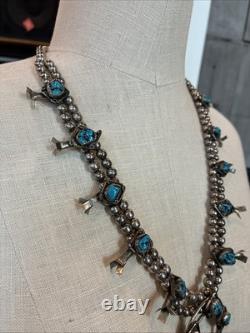 Vintage Navajo Stamped Sterling Silver and Turquoise Squash Blossom Necklace