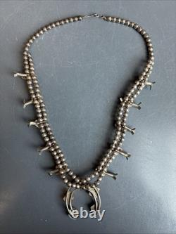 Vintage Navajo Stamped Sterling Silver and Turquoise Squash Blossom Necklace