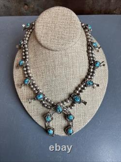 Vintage Navajo Stamped Sterling Silver and Turquoise Squash Blossom Necklace