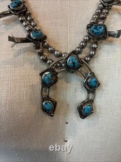 Vintage Navajo Stamped Sterling Silver and Turquoise Squash Blossom Necklace