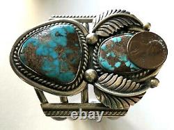 Vintage Navajo Sterling 2 Turquoise Rope Feather Heavy Bracelet Cuff 125.4gr