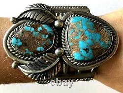 Vintage Navajo Sterling 2 Turquoise Rope Feather Heavy Bracelet Cuff 125.4gr