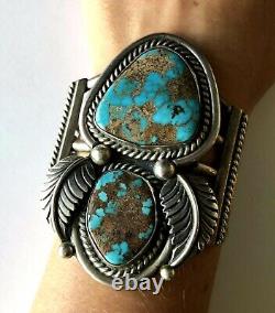 Vintage Navajo Sterling 2 Turquoise Rope Feather Heavy Bracelet Cuff 125.4gr