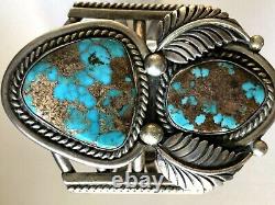 Vintage Navajo Sterling 2 Turquoise Rope Feather Heavy Bracelet Cuff 125.4gr