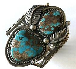 Vintage Navajo Sterling 2 Turquoise Rope Feather Heavy Bracelet Cuff 125.4gr