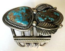 Vintage Navajo Sterling 2 Turquoise Rope Feather Heavy Bracelet Cuff 125.4gr