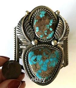 Vintage Navajo Sterling 2 Turquoise Rope Feather Heavy Bracelet Cuff 125.4gr