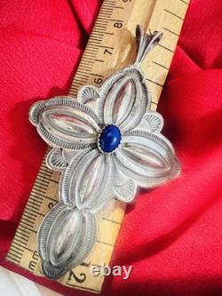 Vintage Navajo Sterling Cross Pendant with Lapis Hand Stamped Repoussé 15.7g