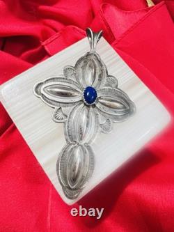 Vintage Navajo Sterling Cross Pendant with Lapis Hand Stamped Repoussé 15.7g