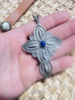 Vintage Navajo Sterling Cross Pendant with Lapis Hand Stamped Repoussé 15.7g
