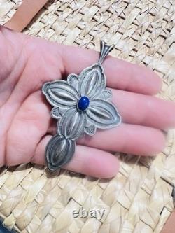 Vintage Navajo Sterling Cross Pendant with Lapis Hand Stamped Repoussé 15.7g