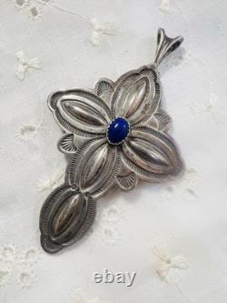 Vintage Navajo Sterling Cross Pendant with Lapis Hand Stamped Repoussé 15.7g