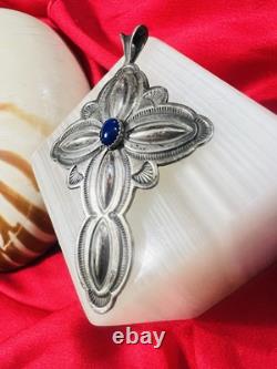 Vintage Navajo Sterling Cross Pendant with Lapis Hand Stamped Repoussé 15.7g
