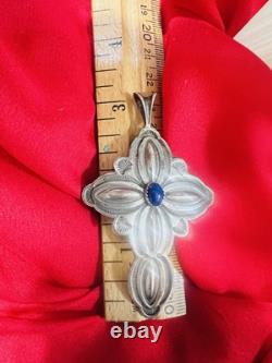 Vintage Navajo Sterling Cross Pendant with Lapis Hand Stamped Repoussé 15.7g
