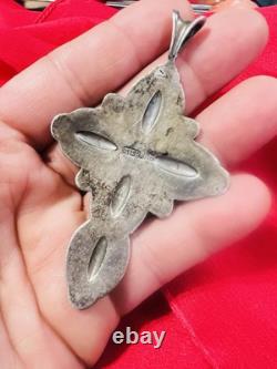 Vintage Navajo Sterling Cross Pendant with Lapis Hand Stamped Repoussé 15.7g