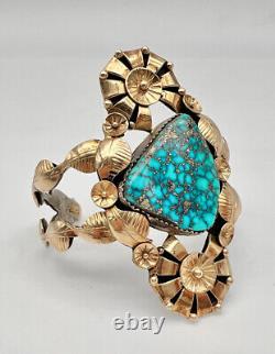 Vintage Navajo Sterling Silver & 14k Gold Lone Mountain Turquoise Cuff Bracelet