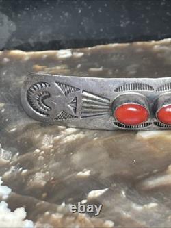Vintage Navajo Sterling Silver And Red Coral Barrette Hair Clip