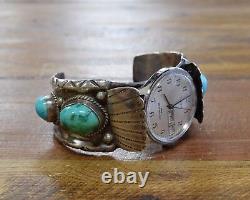 Vintage Navajo Sterling Silver And Turquoise Men's Watch Cuff Bracelet