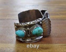 Vintage Navajo Sterling Silver And Turquoise Men's Watch Cuff Bracelet
