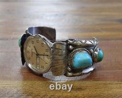 Vintage Navajo Sterling Silver And Turquoise Men's Watch Cuff Bracelet