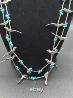 Vintage Navajo Sterling Silver Bird Fetish Necklace Turquoise 58g Handcrafted