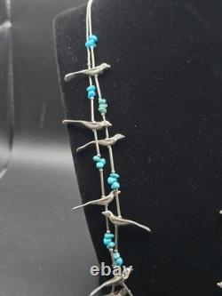 Vintage Navajo Sterling Silver Bird Fetish Necklace Turquoise 58g Handcrafted