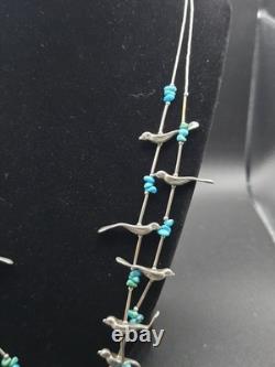 Vintage Navajo Sterling Silver Bird Fetish Necklace Turquoise 58g Handcrafted