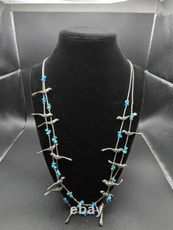 Vintage Navajo Sterling Silver Bird Fetish Necklace Turquoise 58g Handcrafted