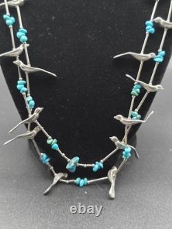 Vintage Navajo Sterling Silver Bird Fetish Necklace Turquoise 58g Handcrafted