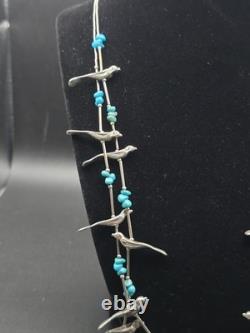 Vintage Navajo Sterling Silver Bird Fetish Necklace Turquoise 58g Handcrafted