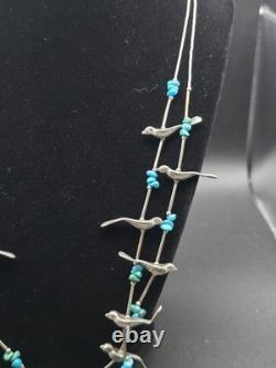 Vintage Navajo Sterling Silver Bird Fetish Necklace Turquoise 58g Handcrafted