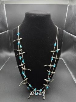 Vintage Navajo Sterling Silver Bird Fetish Necklace Turquoise 58g Handcrafted