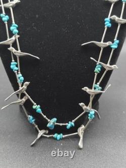 Vintage Navajo Sterling Silver Bird Fetish Necklace Turquoise 58g Handcrafted
