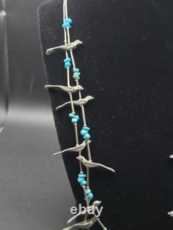 Vintage Navajo Sterling Silver Bird Fetish Necklace Turquoise 58g Handcrafted