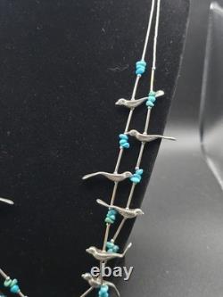 Vintage Navajo Sterling Silver Bird Fetish Necklace Turquoise 58g Handcrafted