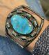 Vintage Navajo Sterling Silver Bisbee Turquoise Stamped Cuff Bracelet 53.8 Grams