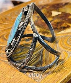 Vintage Navajo Sterling Silver Bisbee Turquoise Stamped Cuff Bracelet 53.8 Grams