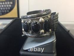 Vintage Navajo Sterling Silver & Black Onyx Cuff Watch Bracelet by Tommy Moore