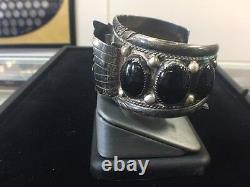 Vintage Navajo Sterling Silver & Black Onyx Cuff Watch Bracelet by Tommy Moore