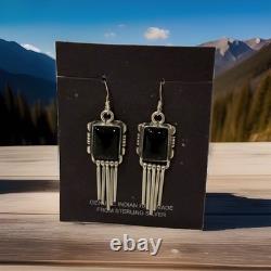 Vintage Navajo Sterling Silver Black Onyx Fringe Dangle Earrings Native American