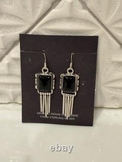 Vintage Navajo Sterling Silver Black Onyx Fringe Dangle Earrings Native American