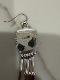 Vintage Navajo Sterling Silver Black Onyx Fringe Dangle Earrings Native American