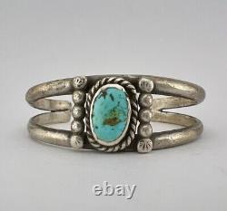 Vintage Navajo Sterling Silver Blue Gem Turquoise 2 Shank Cuff Bracelet