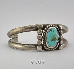 Vintage Navajo Sterling Silver Blue Gem Turquoise 2 Shank Cuff Bracelet