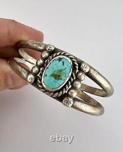 Vintage Navajo Sterling Silver Blue Gem Turquoise 2 Shank Cuff Bracelet