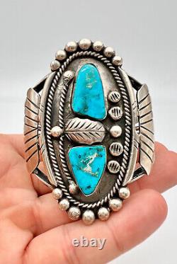 Vintage Navajo Sterling Silver Blue Gem Turquoise 3 Wide Cuff Bracelet 75.5g