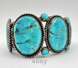 Vintage Navajo Sterling Silver & Blue Kingman Turquoise 5 Stone Cuff Bracelet